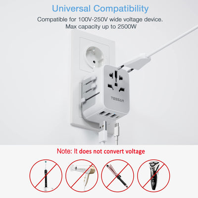 TESSAN - 17W Universal Travel Adapter with 1 USB C & 3 USB A Ports