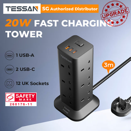 TESSAN - Fast Charging 20W Extension Tower 12 Outlets Extension Plug with 2 Type-C