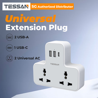 Tessan Universal Multi Plug Power Socket With USB C Charge Wall Adapter 2AC Socket Oulet Extension