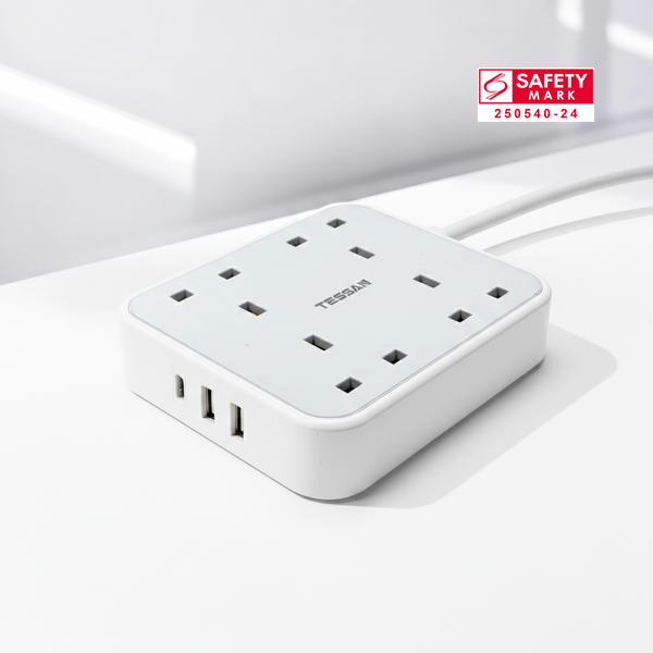 TESSAN - 4 Outlets Extension Cord 13A 4 Way Multi Plug Extension Leads with USB C / TS202-C