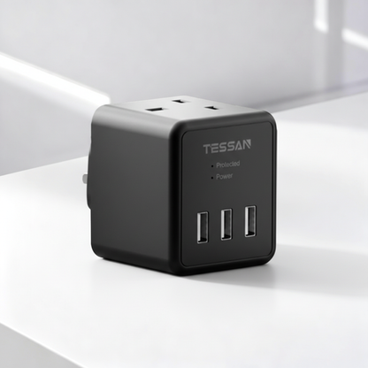 TESSAN - 5 in 1 Cube Wall Plug Extension with 2 AC Sockets and 3 USB Ports , Black
