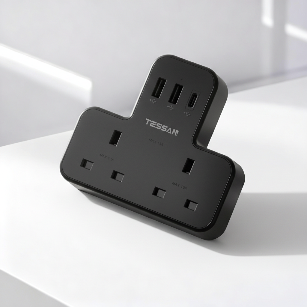 TESSAN - Safety Mark Socket Multi Plug Extension Wall Adapter with USB C , Black