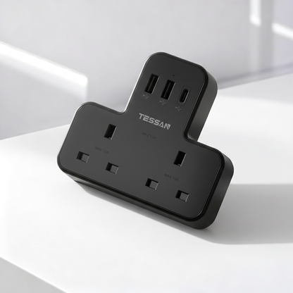 TESSAN - Safety Mark Socket Multi Plug Extension Wall Adapter with USB C , Black