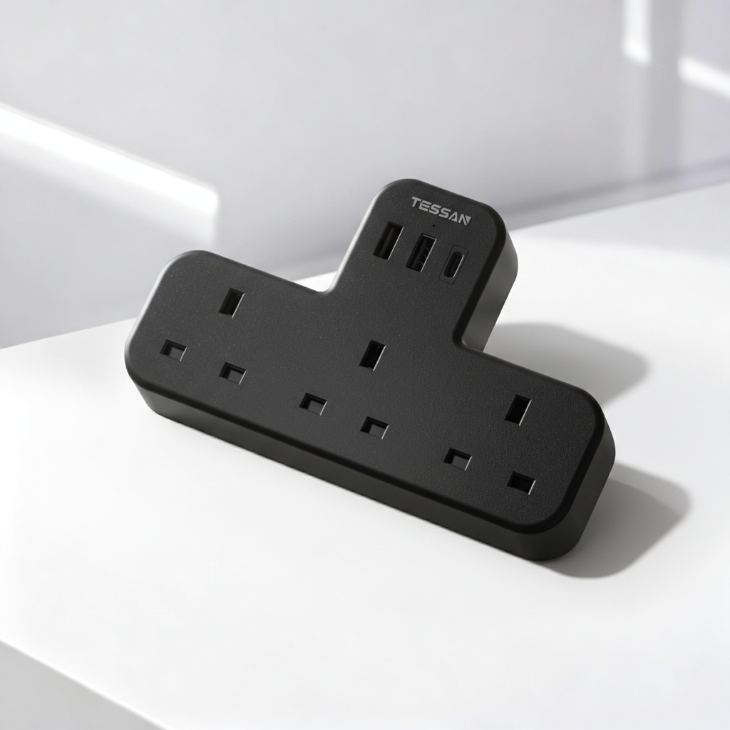 TESSAN - Safety Mark Extension Wall Plug with 3 AC Outlets , 2 USB-A and 1 USB-C Ports Black