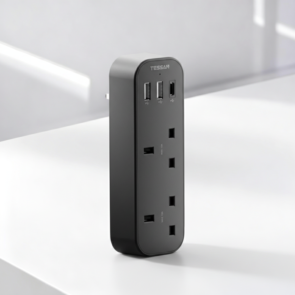 TESSAN - Vertical Socket Extension Double Plug Adaptor with 3 USB Slots , Black