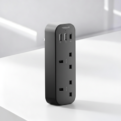 TESSAN - Vertical Socket Extension Double Plug Adaptor with 3 USB Slots , Black