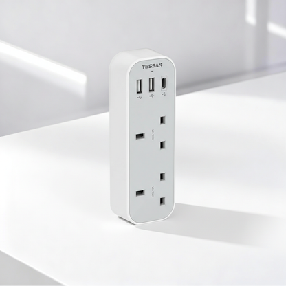 TESSAN - Vertical Socket Extension Double Plug Adaptor with 3 USB Slots , White
