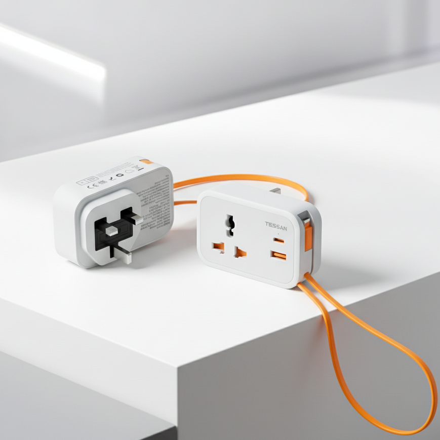 TESSAN - Wall Plug Socket Extender with USB-C Cable Universal Gang and 2 USB Ports