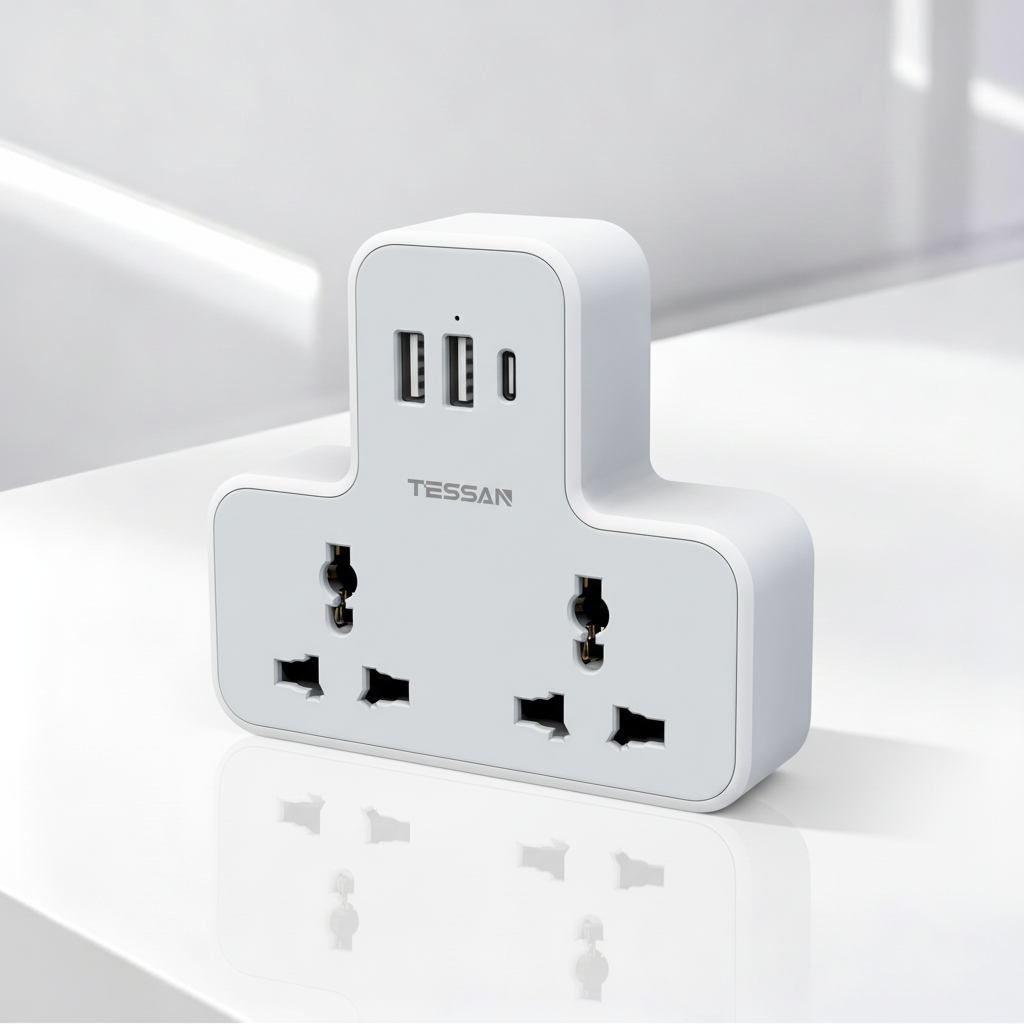 Tessan Universal Multi Plug Power Socket With USB C Charge Wall Adapter 2AC Socket Oulet Extension