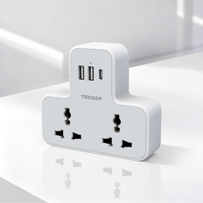 Tessan Universal Multi Plug Power Socket With USB C Charge Wall Adapter 2AC Socket Oulet Extension