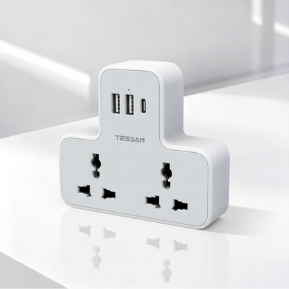 Tessan Universal Multi Plug Power Socket With USB C Charge Wall Adapter 2AC Socket Oulet Extension