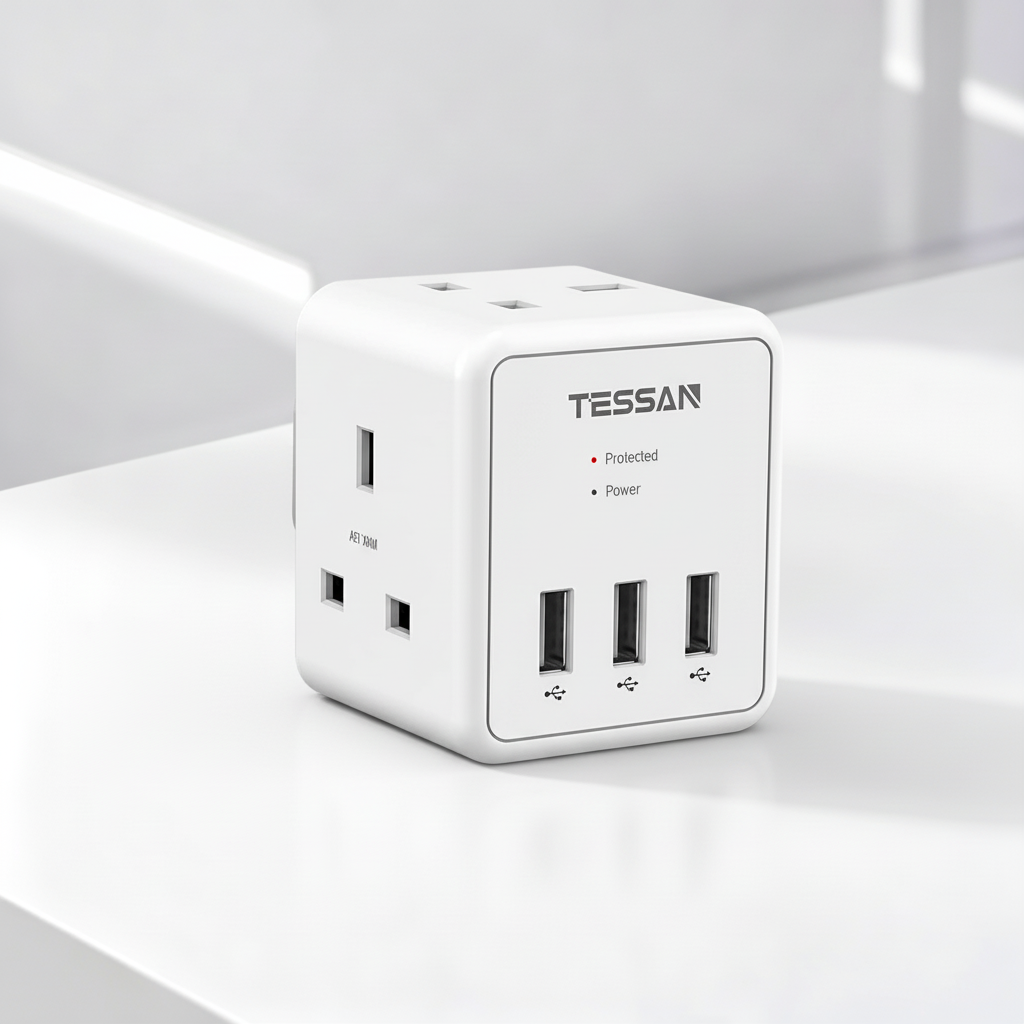 TESSAN - 5 in 1 Cube Wall Plug Extension with 2 AC Sockets and 3 USB Ports , White