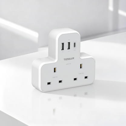 TESSAN - 2 AC outlets Socket Multi Plug Extension Wall Adapter with 1 USB C and 2 USB Ports