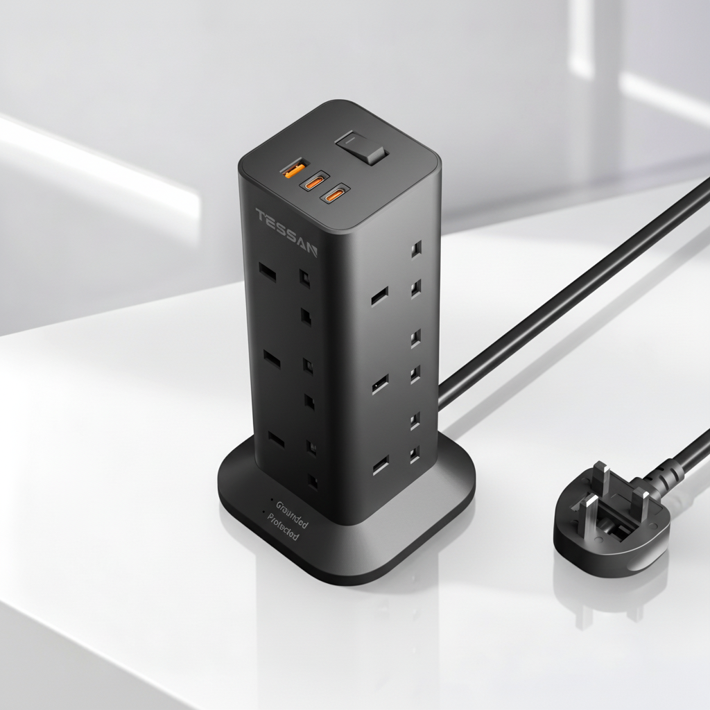 TESSAN - Fast Charging 20W Extension Tower 12 Outlets Extension Plug with 2 Type-C