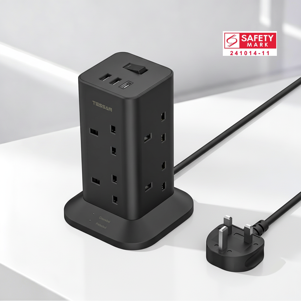 TESSAN - Black Tower 8 Sockets Outlet Plug Extension 3 Meters with 2 USB-A & 1 USB-C Ports