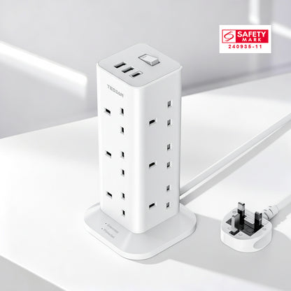 TESSAN - Extension Tower 12 Ways Socket Outlet Plug with 2 USB-A & 1 USB-C Ports