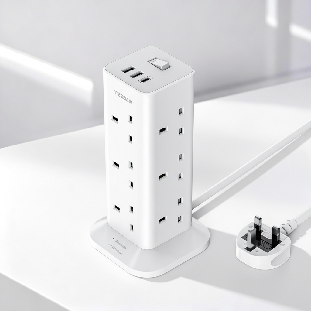 TESSAN - Extension Tower 12 Ways Socket Outlet Plug with 2 USB-A & 1 USB-C Ports - White