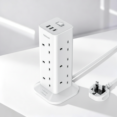 TESSAN - Extension Tower 12 Ways Socket Outlet Plug with 2 USB-A & 1 USB-C Ports - White