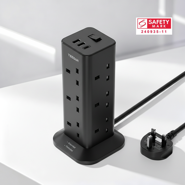 TESSAN - Black Socket Tower 12 Ways Outlet Extension Plug with Multi Plugs - TP04-BK