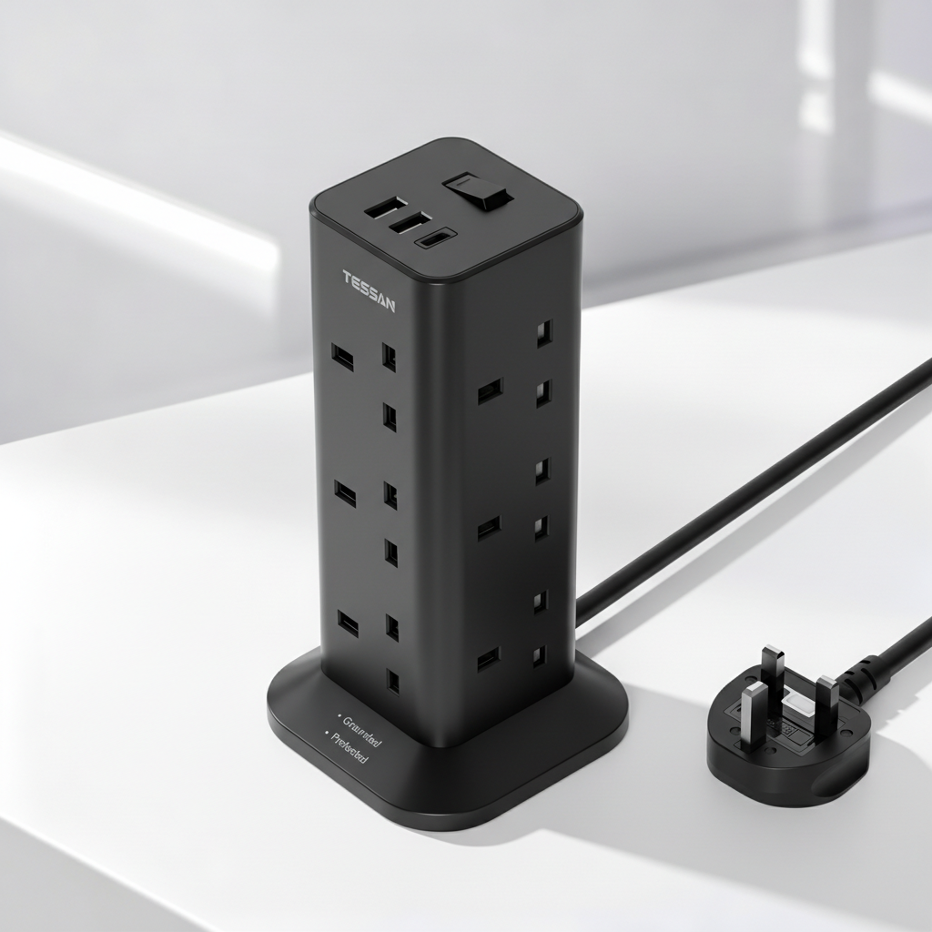 TESSAN - Black Socket Tower 12 Ways Outlet Extension Plug with Multi Plugs - TP04-BK