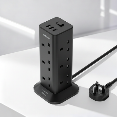 TESSAN - Black Socket Tower 12 Ways Outlet Extension Plug with Multi Plugs - TP04-BK