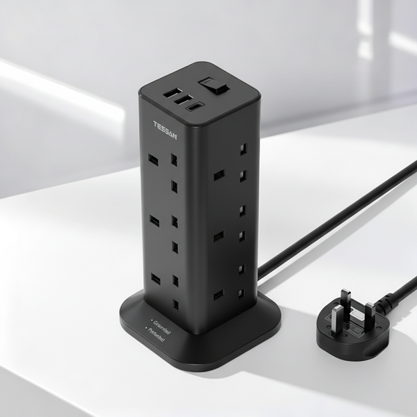 TESSAN - Black Socket Tower 12 Ways Outlet Extension Plug with Multi Plugs - TP04-BK