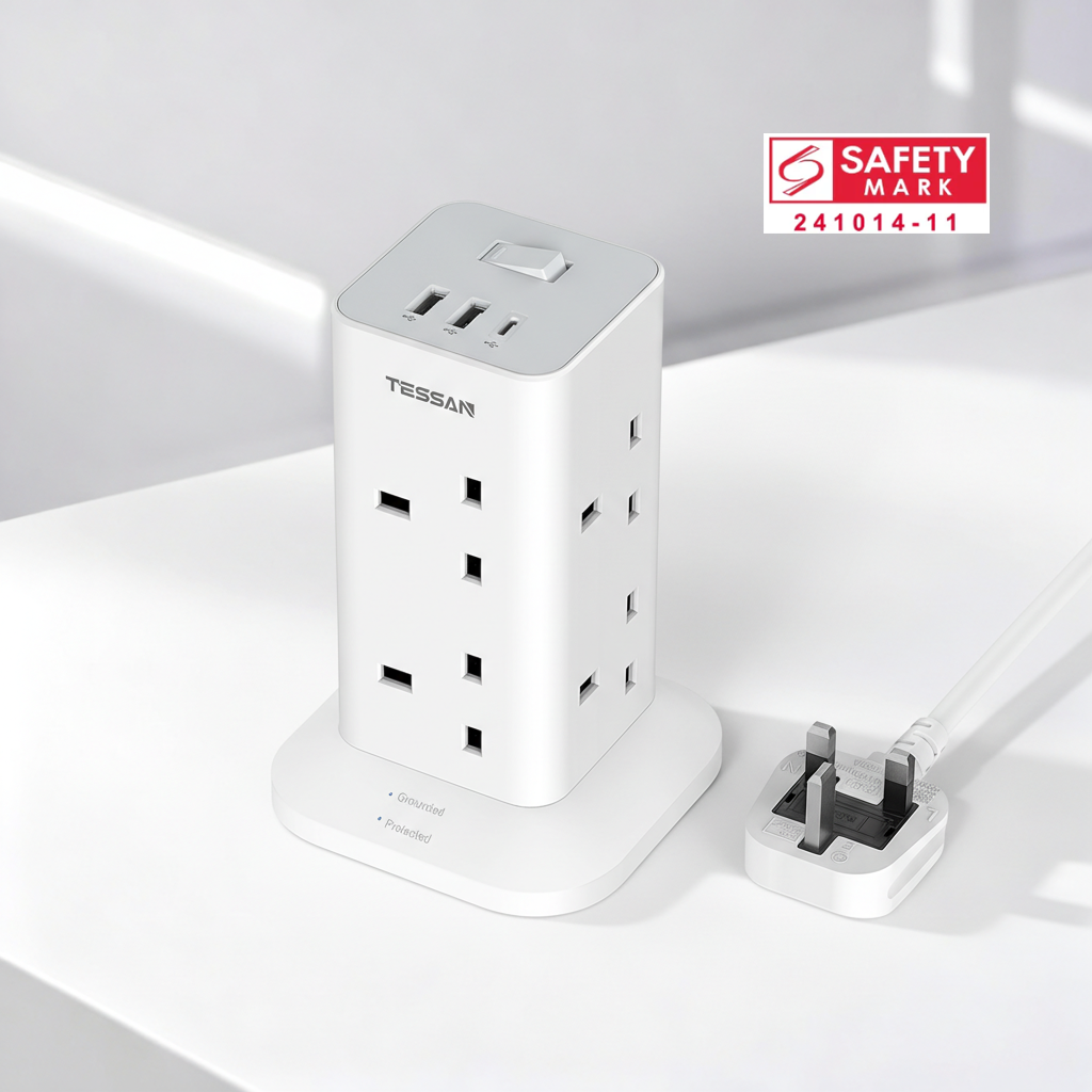 TESSAN - Extension Cord Tower 8 Ways Socket Outlet with 2 USB-A & 1 USB-C Ports