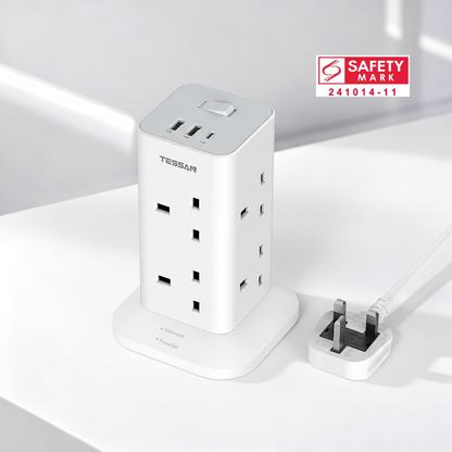 TESSAN - Extension Cord Tower 8 Ways Socket Outlet with 2 USB-A & 1 USB-C Ports