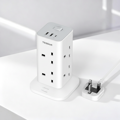 TESSAN - Extension Cord Tower 8 Ways Socket Outlet with 2 USB-A & 1 USB-C Ports