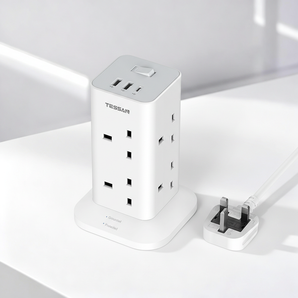 TESSAN - Extension Cord Tower 8 Ways Socket Outlet with 2 USB-A & 1 USB-C Ports