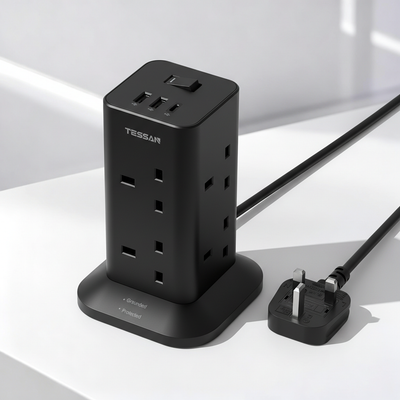 TESSAN - Black Tower 8 Sockets Outlet Plug Extension 3 Meters with 2 USB-A & 1 USB-C Ports / TP03-BK