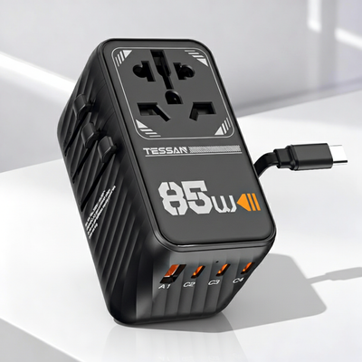 TESSAN - Universal 85W International Travel Adapter with Built-in USB-C 75cm Cable / 656EFW