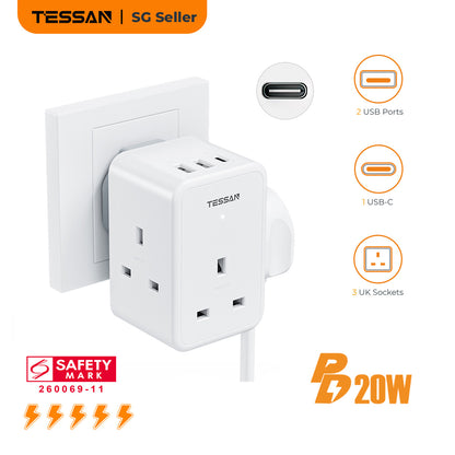 TESSAN - 3 Main Outlets Wall Socket Multi Plug Extension Wall Adapter with 2 USB and Type C